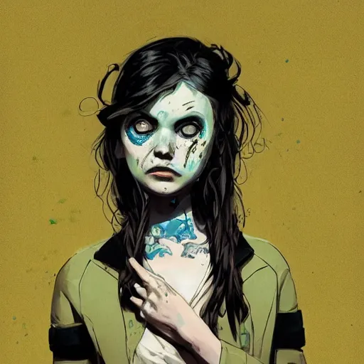 Image similar to Highly detailed portrait of a moody sullen punk zombie young lady with freckles by Atey Ghailan, by Loish, by Bryan Lee O'Malley, by Cliff Chiang, inspired by image comics, inspired by graphic novel cover art, inspired by papergirls !!!vivid green, brown, black, yellow and white paint spatter color scheme ((gradient grafitti tag brick wall background)), trending on artstation