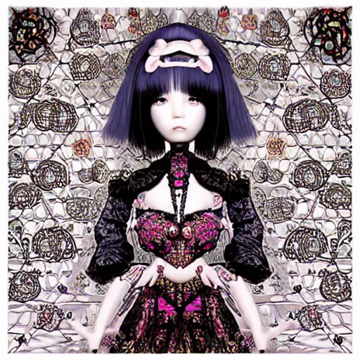 Image similar to baroque bedazzled gothic royalty frames surrounding a pixelsort emo demonic horrorcore japanese beautiful early computer graphics automaton doll, by guro manga artist Shintaro Kago