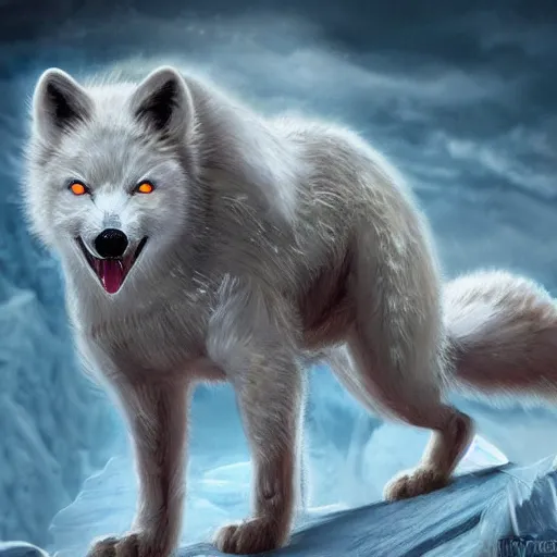 Prompt: angry devil white polar fox with sharp teeth wearing medieval armor presented as god of destruction, ice and fire, postapocalyptic world, hyperrealistic, highly detailed