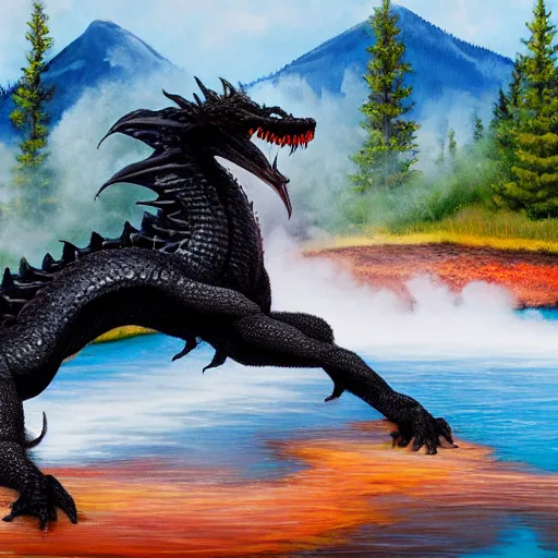 Image similar to highly detailed oil painting of a black dragon in a colorful hotspring at yellowstone national park, featured on artstation