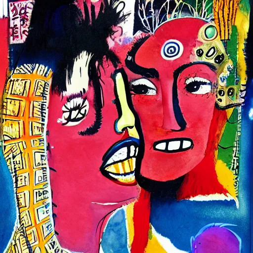 Prompt: watercolor painting of two psychedelic women kissing and embracing in an japan in summer, speculative evolution, mixed media collage by basquiat, maximalist magazine collage art, sapphic art, inspired by jojo's bizarre adventure, key visual