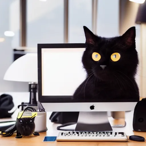 Image similar to black cat sitting at the computer in the office, at night, light from the computer, amazing, epic, mood, 8 k, high detalied, trending on artstation, digital art,