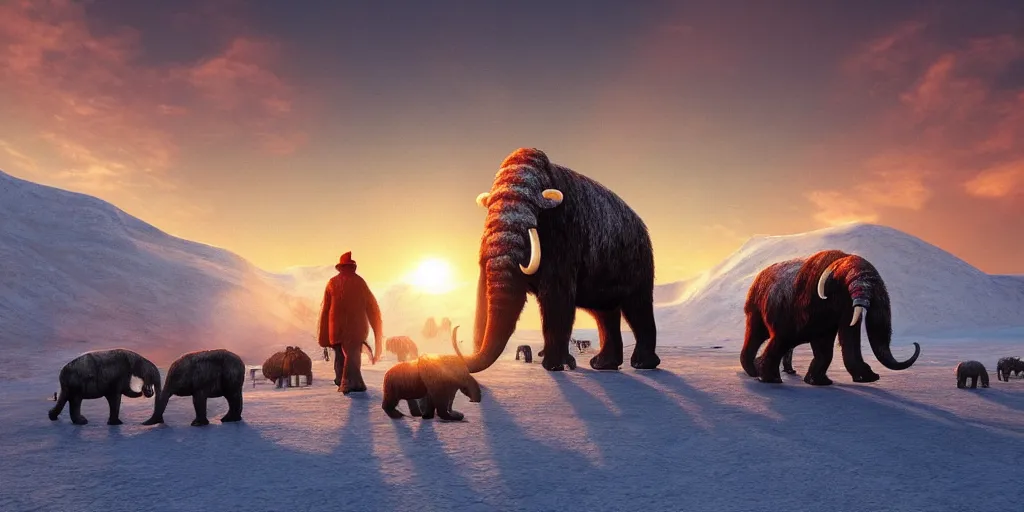 Image similar to digital art, trending on artstation, sunset at the north pole with some mammoths in the background walking while a meteorite falls