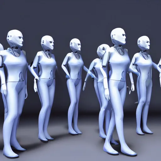 Image similar to troop of cloned women with white bob hairdos, tight light blue space cadet suits, futuristic cloning facility, sci - fi, highly detailed, cinematic