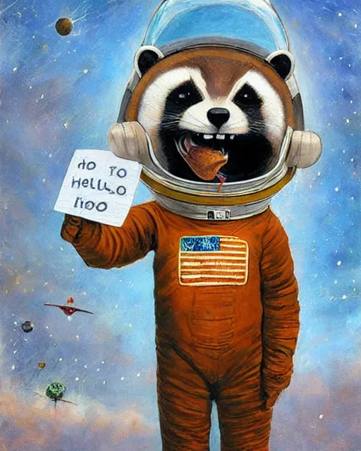 Image similar to astronaut racoon holding a sign that says hello by esao andrews