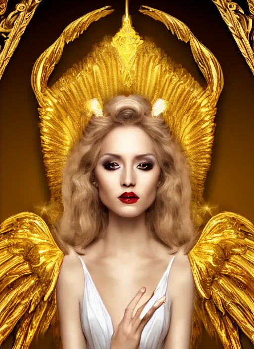 Prompt: alluring angel on golden throne banquet room portrait, white robes, golden accessories, facial features, golden hair, white skin, lipstick, symmetrical wings, high fantasy, extremely detailed, sharp focus, smooth, digital illustration, by stan lee