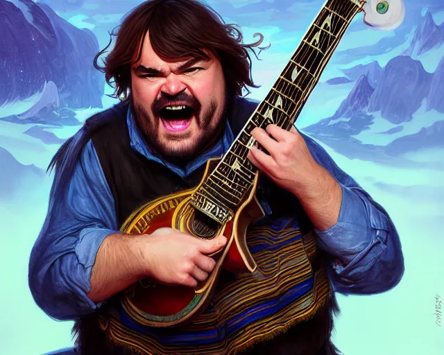 Image similar to photography of jack black with a guitar singing 8 k, deep focus, d & d, fantasy, intricate, elegant, highly detailed, digital painting, artstation, concept art, matte, sharp focus, illustration, hearthstone, art by artgerm and greg rutkowski and alphonse mucha