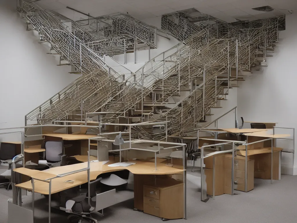 Image similar to 9 0 s cubicle office with stairs made of tables chairs fractal