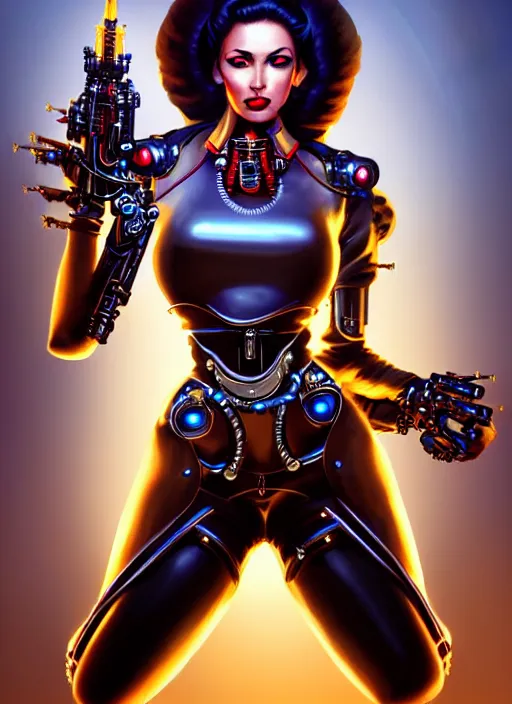 Prompt: front face and body portrait of attractive Lady Mechanika standing while holding futuristic guns wraping her cyborg-arms, Intrincate steampunk imagery , D&D!, fantasy style, sharp focus!, ultra detailed, art by Artgerm and Peter Andrew Jones, WLUP