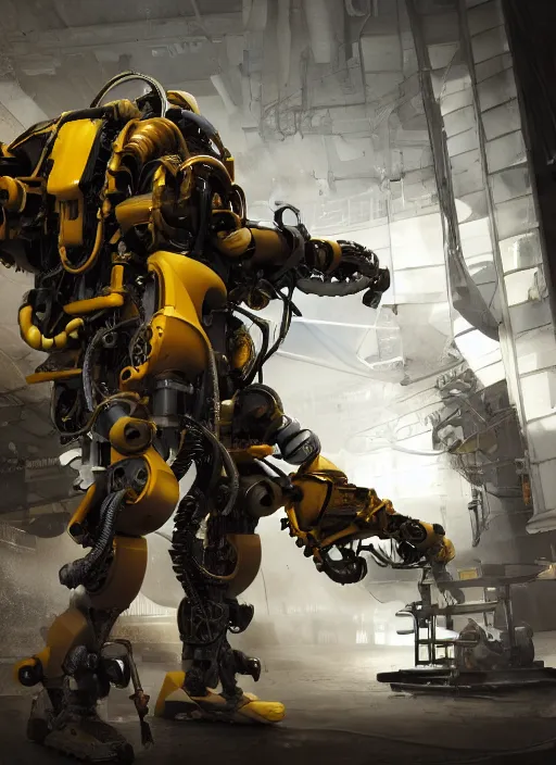 Image similar to a photorealistic dramatic hyperrealistic render of a futuristic exosuit power loader heavy machinery, ultra realistic details, glossy yellow, well worn, rust, oil stains by vitaly bulgarov and mike nash, beautiful dramatic dark moody tones and lighting, cinematic atmosphere, studio lighting, global illumination, shadows, dark background, octane render, 8 k