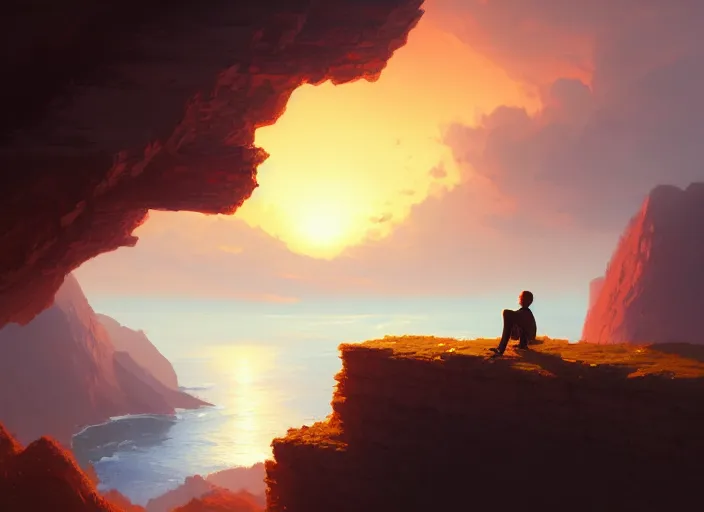 Image similar to a man sitting on a cliff watching the sun explode, painting, digital art, harsh lighting, 4 k hd wallpaper, trending on art station, art by greg rutkowski and andreas rocha 4 k