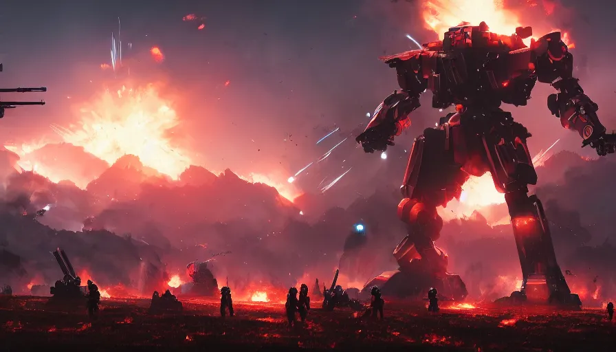 Image similar to Cinematic view of a battlefield with troops firing at giant mecha with missiles, explosions, ashes on the field and fire in the background, hyperdetailed, artstation, cgsociety, 8k