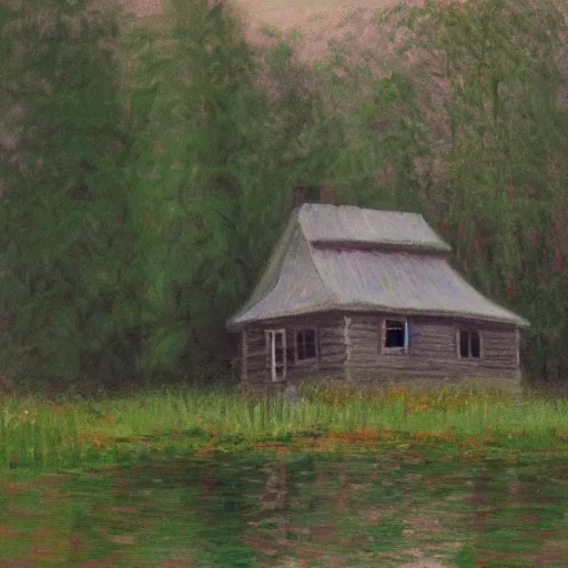 Image similar to a painting of a Eerie cabin in the middle of the woods in the style of Monet