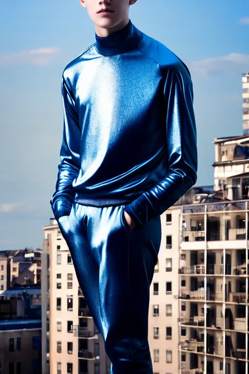 Image similar to un ultra high definition studio quality photographic art portrait of a young man standing on the rooftop of a british apartment building wearing soft padded silver pearlescent clothing. three point light. extremely detailed. golden ratio, ray tracing, volumetric light, shallow depth of field. set dressed.