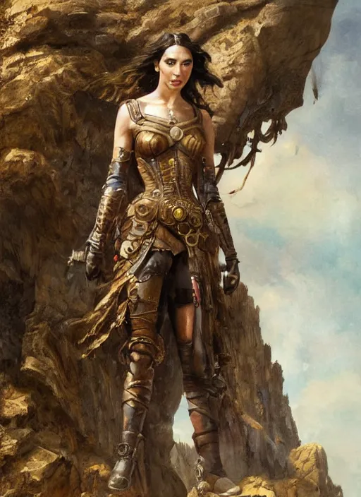 Prompt: oil painting of a highly detailed steampunk gal gadot with her hands behind the back while standing on a rock : leonardo da vinci, greg rutkowski, magali villeneuve