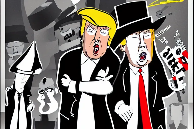Image similar to 2 d poster illlustration donald trump and donald trump wearing trenchcoats and black spy hats for the movie spy vs spy