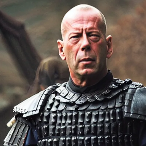 Image similar to an film still of bruce willis as samurai, cinematic, dramatic action