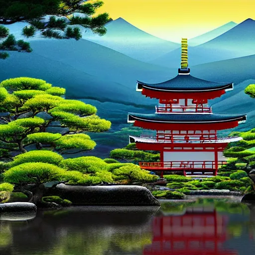 Prompt: japanese landscape, temple, mountains in distance, lake with japanese creatures in front, digital art, high quality