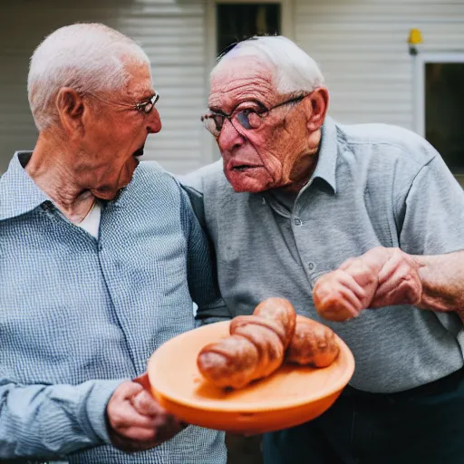 Image similar to Two elderly men fighting over a sausage, Canon EOS R3, f/1.4, ISO 200, 1/160s, 8K, RAW, unedited, symmetrical balance, in-frame