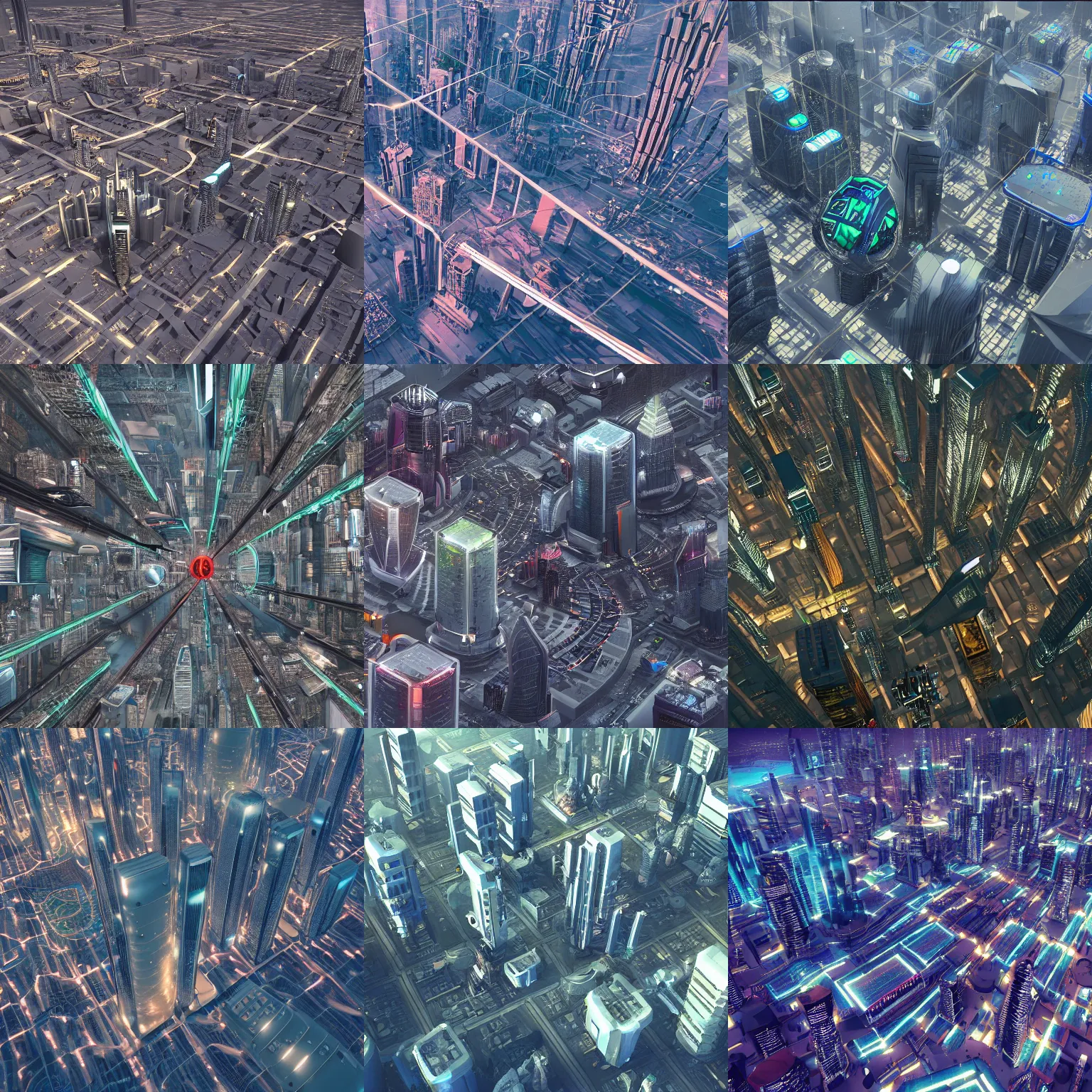 Prompt: a smart futuristic city full of chained people, everybody is happy though, 8 k, trending on artstation, aerial view.