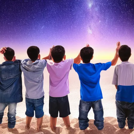 Prompt: a group of five boys enjoying in Dubai while looking at stars and milkyway detailed picture hd