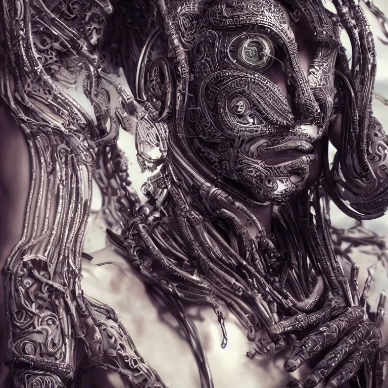 Image similar to surreal spinal ribbed tribal exotic organic face portrait of a cyberpunk fighter, beautiful detailed intricate insanely detailed 3D render digital art, octane render, 8K artistic photography, photorealistic, neon lights