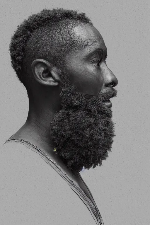 Prompt: African man's face in profile, long beard, made of flowers and fruit, in the style of the Dutch masters and Gregory crewdson, dark and moody