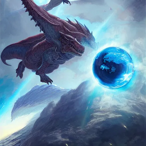 Image similar to Gigantic blue scaled dragon devouring an earth like planet while flying in space, dinosaur, sun system, nebula, oil painting, by Fernanda Suarez and Edgar Maxence and Greg Rutkowski