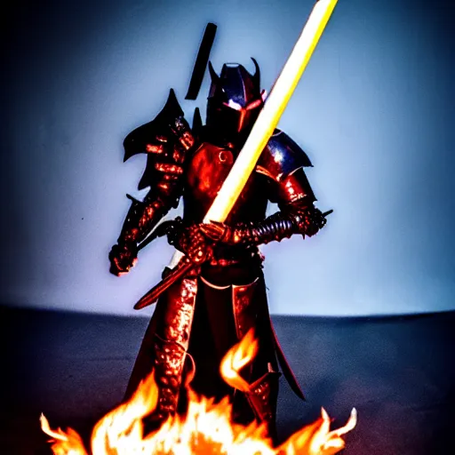 Image similar to photo of a real-life hell knight with a flaming sword