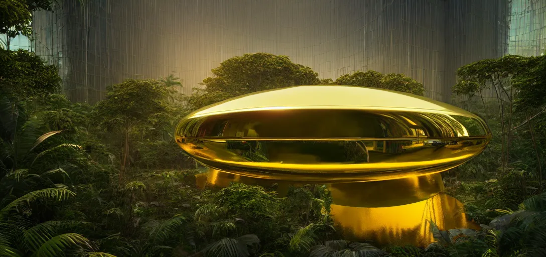 Prompt: futuristic shinny golden iridiscent mirror building in an jungle landscape of a biopunk city by taras shevchenko and wlop, movie poster, golden ratio, evening lighting, film still, realistic, octane render redshift arnold materials unreal engine, 8 k post production, hyper detailed