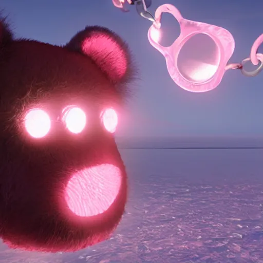 Image similar to a pink teddy bear heads interlink with plastic and metal chains floating in the sky over the Antarctic , unreal engine 5, realistic