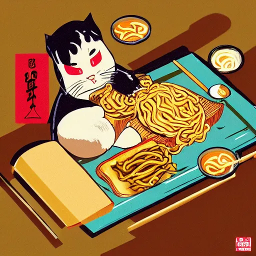 Image similar to fat cat eating ramen noodles on toast, japanese art artstation trending