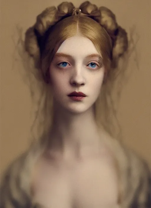 Prompt: young blonde woman in renaissance dress, color portrait by paolo roversi