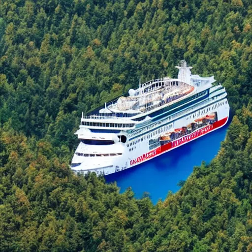 Prompt: a brand newtouristic cruise ship crashed in the middle of a forest