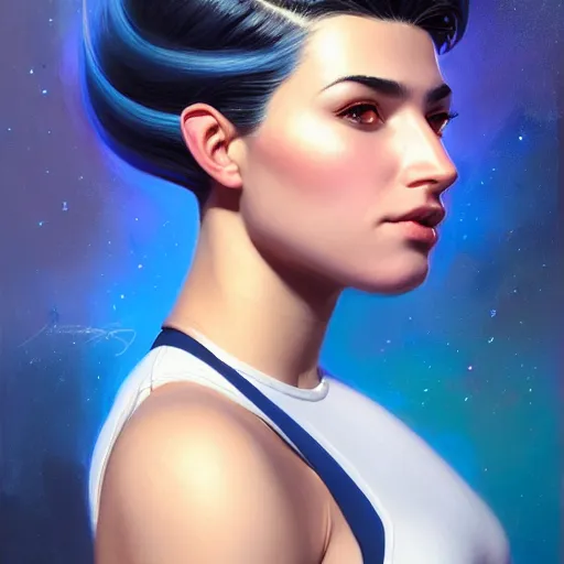 Prompt: a portrait of a very beautiful woman in a spacesuit, Alexandria\'s genesis, shoulder-length blue undercut hair, bored, illustration, soft lighting, soft details, painting oil on canvas by mark arian by artgerm, trending on artstation, 4k, 8k, HD