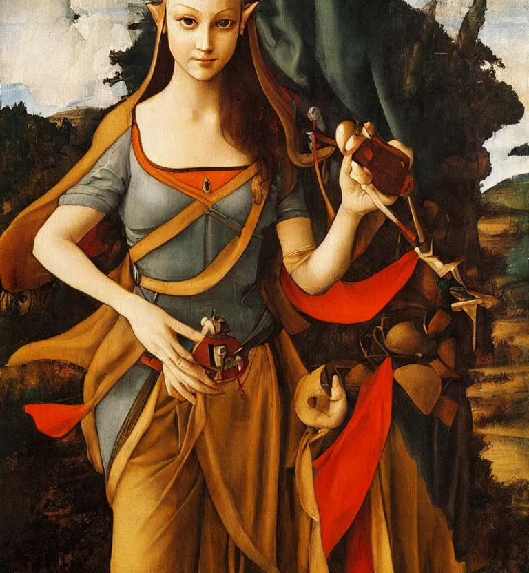 Prompt: oil painting half-length portrait of Princess Zelda holding the triforce and an ocarina by Leonardo da Vinci