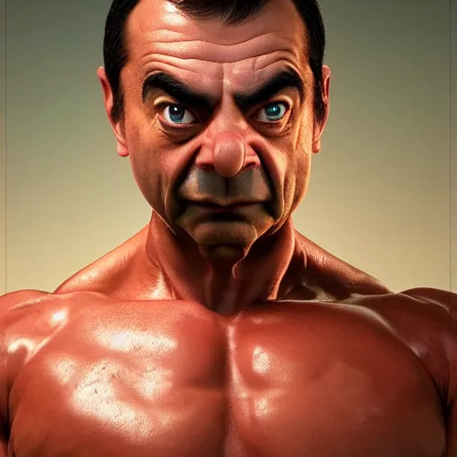 Image similar to upper body portrait of a hulking bulky swole steroids musclebound huge bodybuilder muscular herculean chiseled mr bean rowan atkinson, cinematic lighting, photorealistic, octane render, 8 k, depth of field, 3 d, art by artgerm and greg rutkowski and alphonse mucha and uang guangjian and gil elvgren and sachin ten