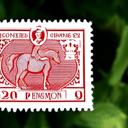 Prompt: A red and white postage stamp featuring a unicorn