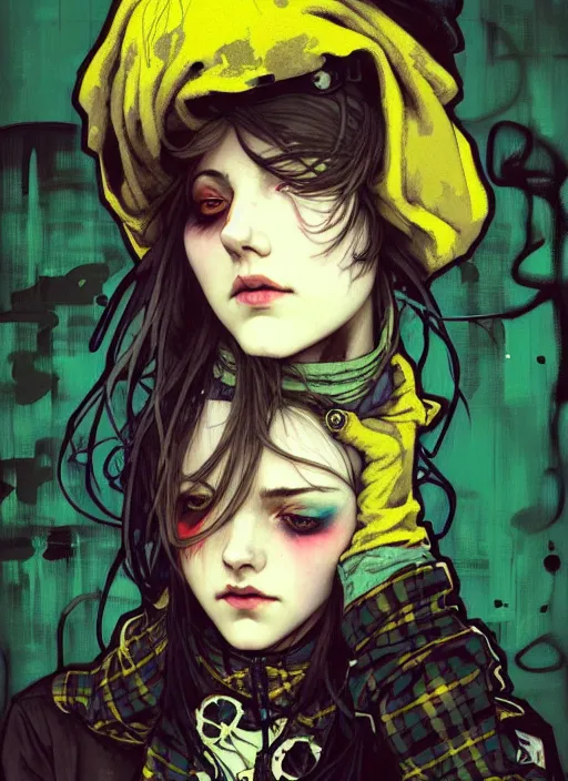 Image similar to highly detailed portrait of a moody sewerpunk young adult lady with a tartan hoody by krenz cushart, by artem demura, by alphonse mucha, by kaethe butcher, gradient yellow, black, brown and cyan color scheme, grunge aesthetic!!! ( ( graffiti tag city background ) )