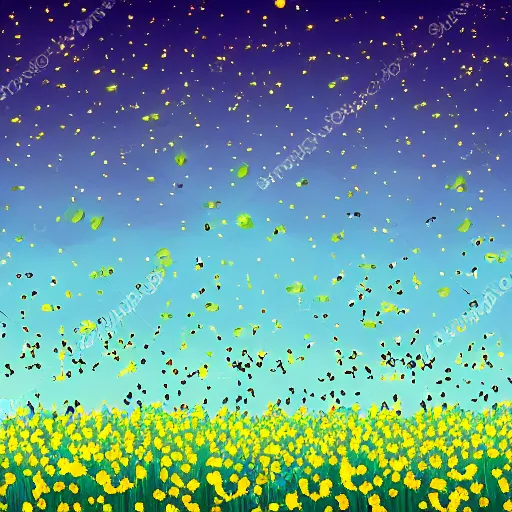 Image similar to realistic field of lit up fireflies, swarm, floral, nighttime, wide shot