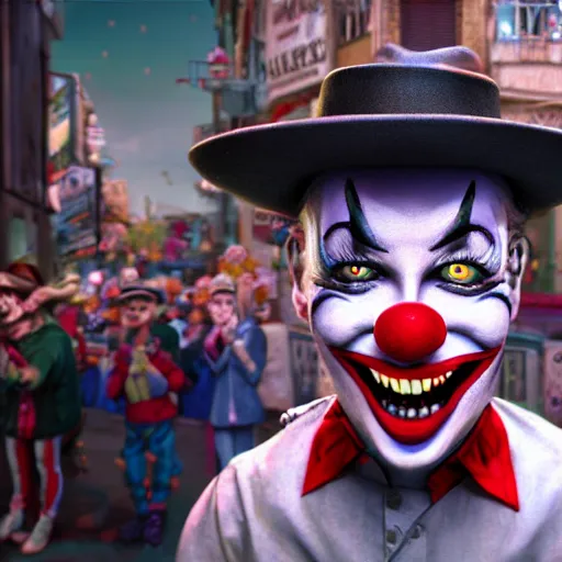 Prompt: a vicious clown with a detailed face at a crowded urban street making an offer you cant refuse, storybook illustration, octane render, detailed painting, by katherine federer, anthony pafford, harry gamboa and tracy flickinger 4 k