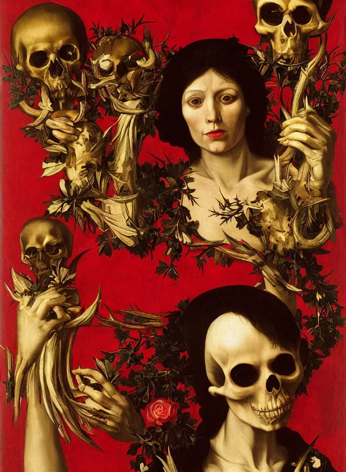 Image similar to portrait of a woman with a golden skull instead of a head, a wreath of thorns, a dress of bones and roses, horns, snakes, smoke, flames, full-length, oil painting in a renaissance style , very detailed, red background, painted by Caravaggio.