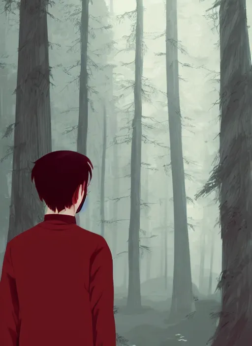 Prompt: a man with red hair sits peacefully in a misty forest. clear detailed face. clean cel shaded vector art. shutterstock. behance hd by lois van baarle, artgerm, helen huang, by makoto shinkai and ilya kuvshinov, rossdraws, illustration, art by ilya kuvshinov