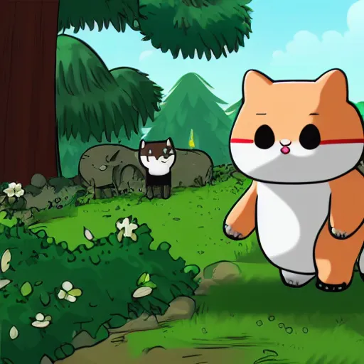 Image similar to tubbs from neko atsume walking through the forest, woodland creatures in the background, b & w, 4 k,