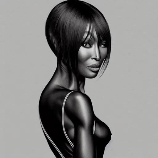 Image similar to full figure ultra realistic illustration, naomi campbell wearing a black suit, intricate, elegant, highly detailed, digital painting, artstation, concept art, smooth, sharp focus, illustration, art by artgerm and greg rutkowski and alphonse mucha