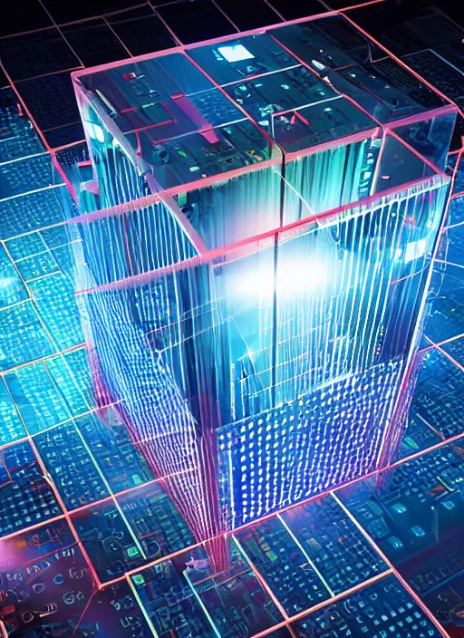 Image similar to Computer circuit on the surface of a hypercube, floating above a buzy city scape, global illumination, radiant light, detailed and intricate environment