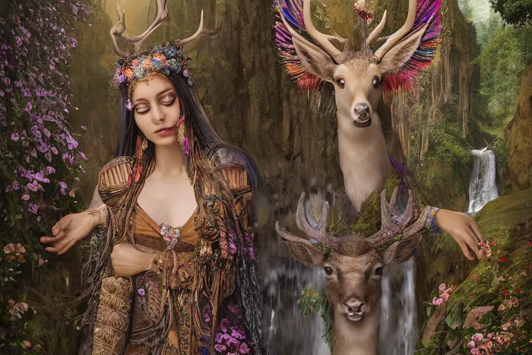 Image similar to A beautiful divine tribal high priestess with feathers and crystals in a lush field of flowers, highly detailed medieval temple with waterfall and Deer behind her, wide painting by greg rutkowski and HR Giger, Zbrush, Trending on artstation:1 H 1024