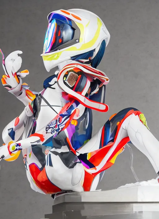 Image similar to extremely beautiful photo of a white marble statue of an anime girl with colorful motocross logos and motorcycle helmet with closed visor, colorful smoke in the background, carved marble statue, fine art, neon genesis evangelion, virgil abloh, offwhite, denoise, highly detailed, 8 k, hyperreal