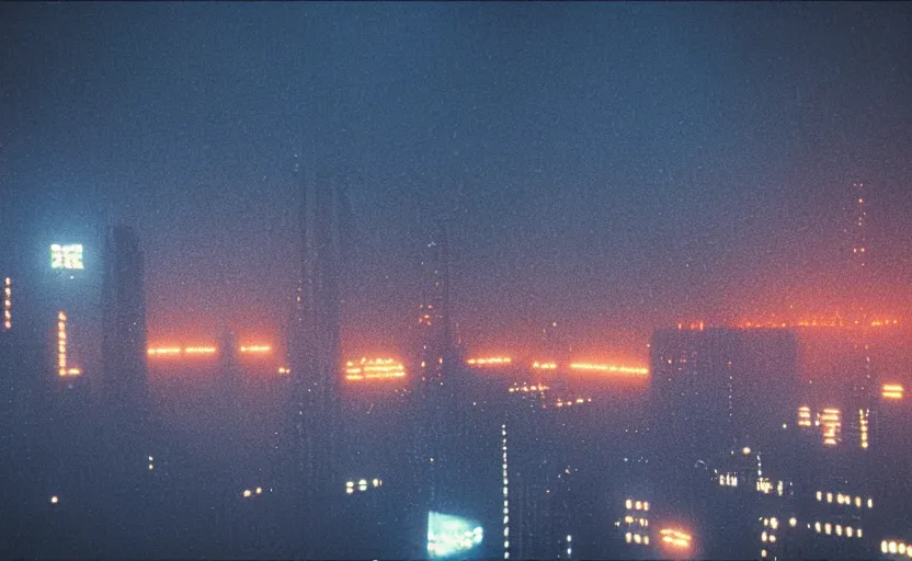 Image similar to 35mm night skyline urban photographic landscape of Blade Runner 1982 city with industrial fires and smog, futuristic dystopian megacity skyline, hard rain falling, neon