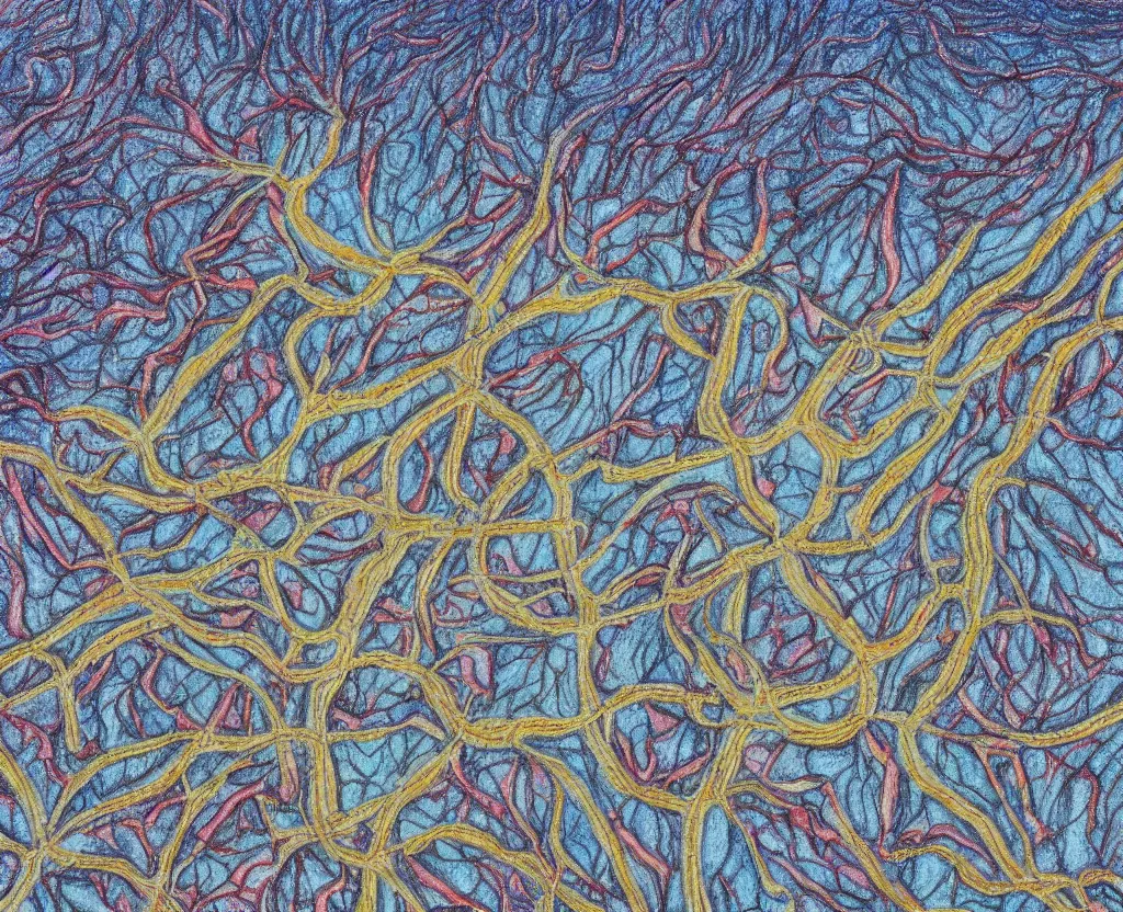 Prompt: Icy road meandering through fields of fire, aerial view, detailed coloured pencil drawing